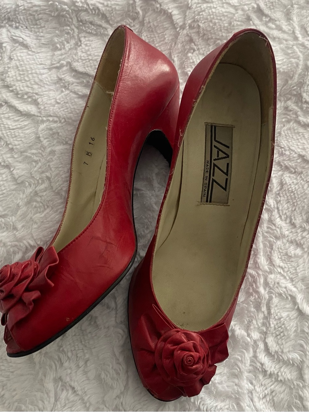 Jazz Red Peep-Toe Pumps with Rosette Detail